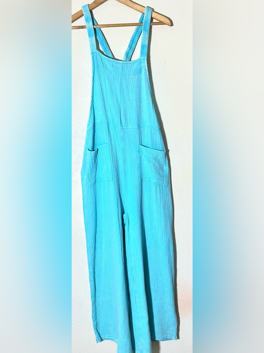 Zenana Wide-Leg 100%Cotton Double Gauze Overalls - Womens Jumpsuit Deep Sky - Picture 3 of 9